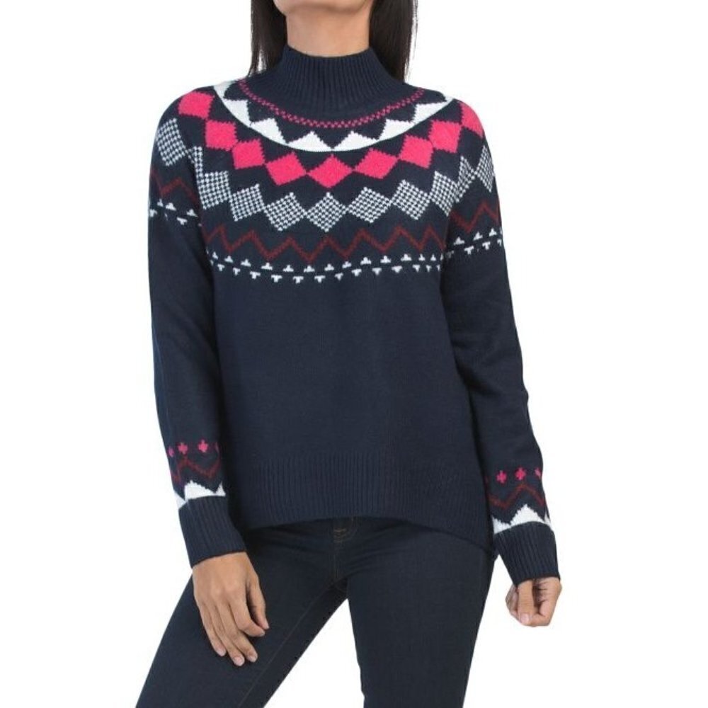 VINCE CAMUTO Mock Neck Fair Isle Sweater Navy Multicolor Women Size S